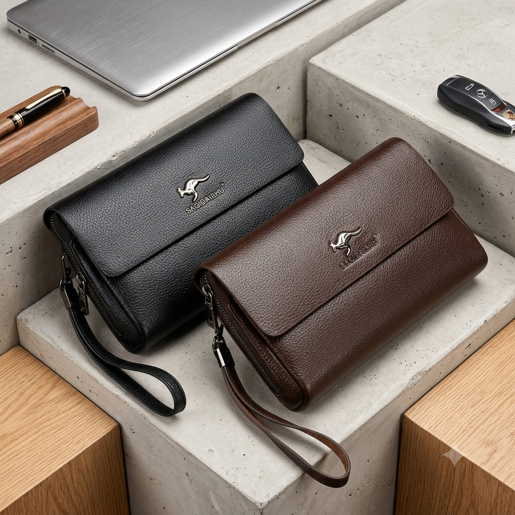Premium Mens Genuine Leather Large Capacity Business Clutch Wristlet Wallet