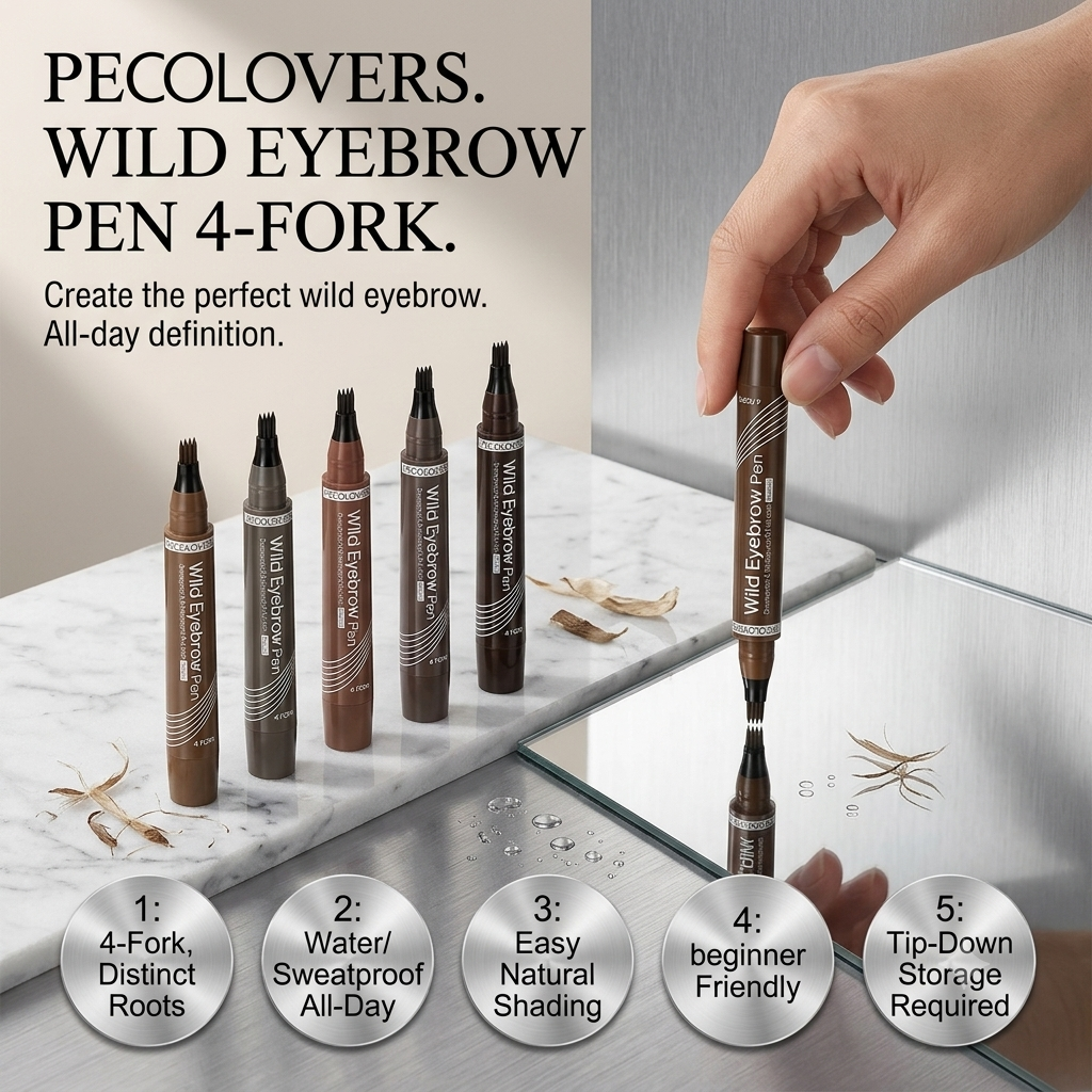 PECOLOVERS Wild Eyebrow Pen - 4-Fork Microblading Tattoo Tint & Waterproof Liquid Brow Pencil