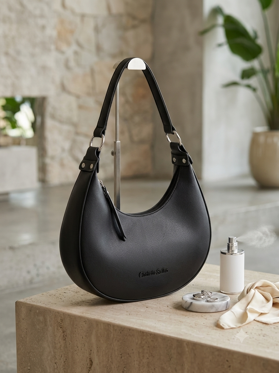 Christie Saiko - Black Eco-Leather Hobo Shoulder Bag for Everyday Fashion