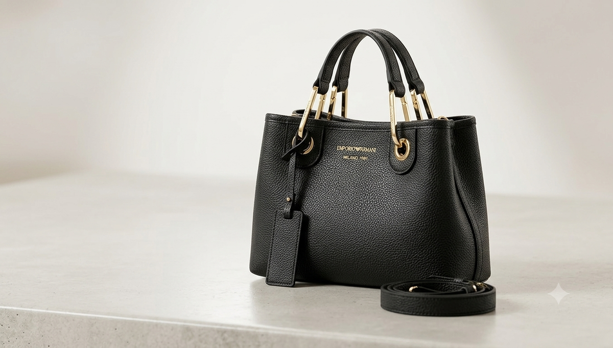 Emporio Armani Milano 1981 Women's Black Faux Leather Handbag – Top-Handle Tote & Crossbody Bag with Jacquard Strap