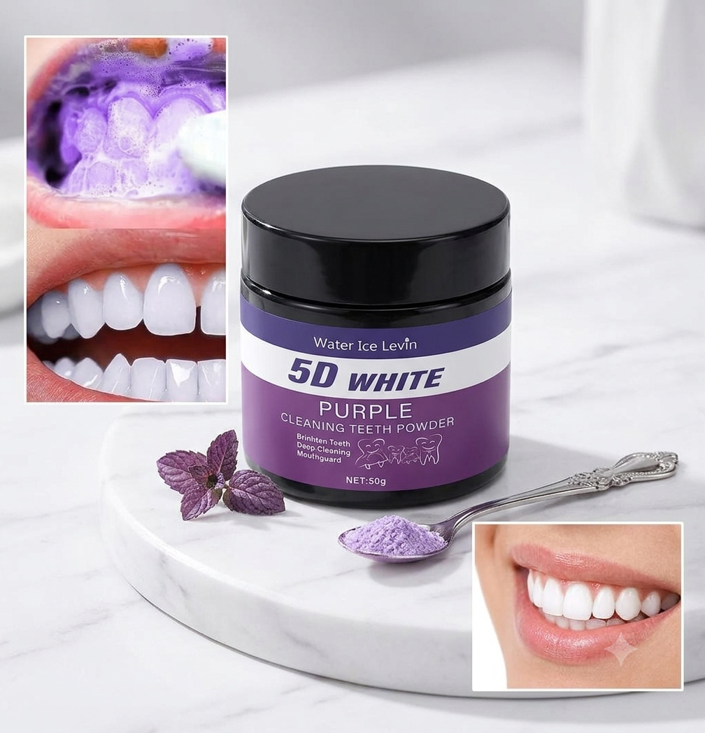 5D White Purple Teeth Whitening Powder – Color Correcting Stain Remover & Breath Freshener (50g)