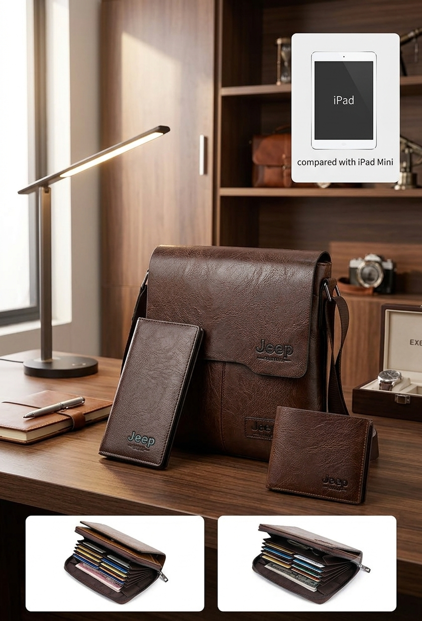 Men’s Vintage Leather Crossbody Shoulder Bag Set – Retro Messenger Bag with Matching Wallet