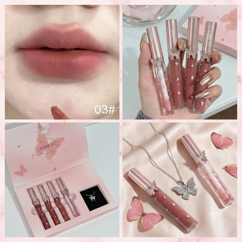 QIBEST 4-Piece Butterfly Lip Gloss & Matte Liquid Lipstick Set with Bonus Crystal Necklace
