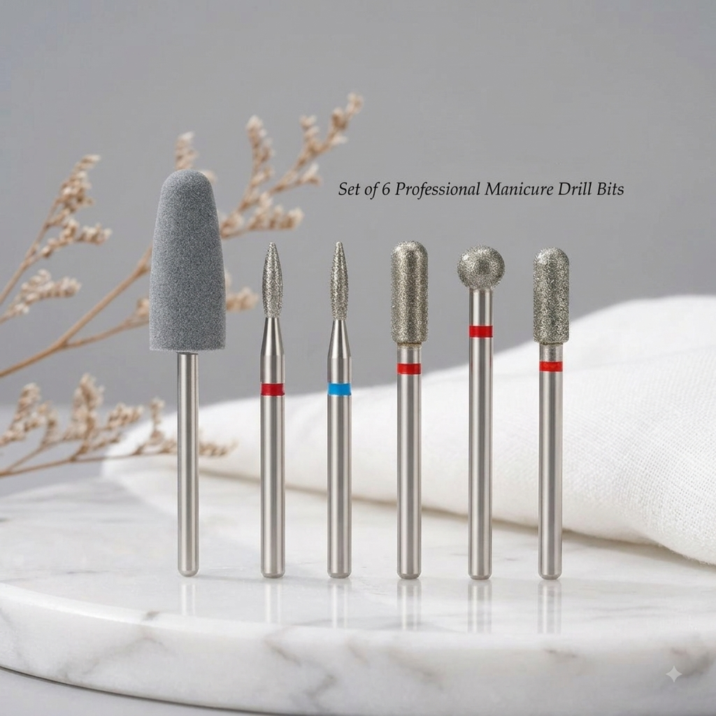 Professional 6-Pcs Diamond & Silicone Nail Drill Bits Set for Cuticle Care and Manicure