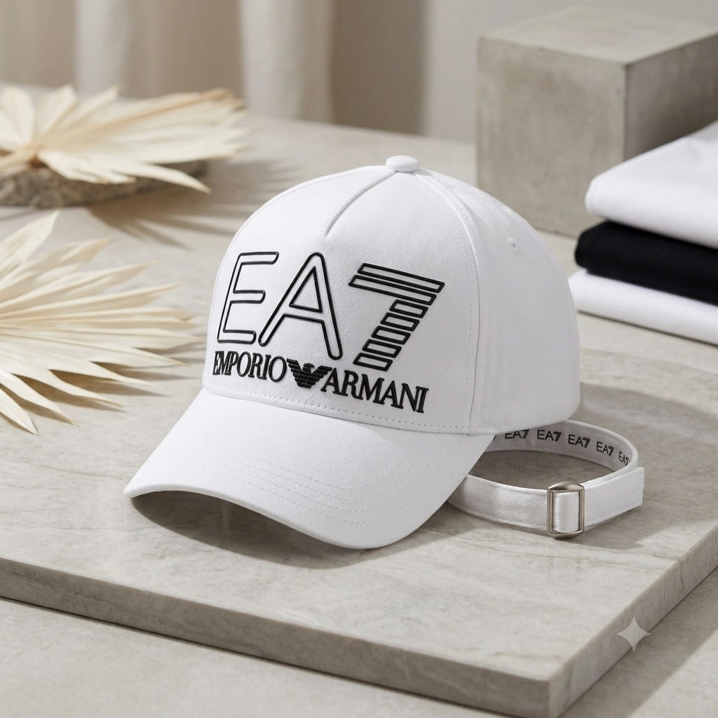 EA7 Emporio Armani Men's Classic Logo Baseball Cap – White Cotton Adjustable Curved Brim Hat