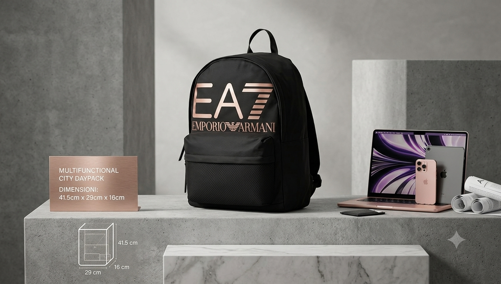 EA7 Emporio Armani Classic Unisex Backpack – Rose Gold Logo Laptop Daypack in Black