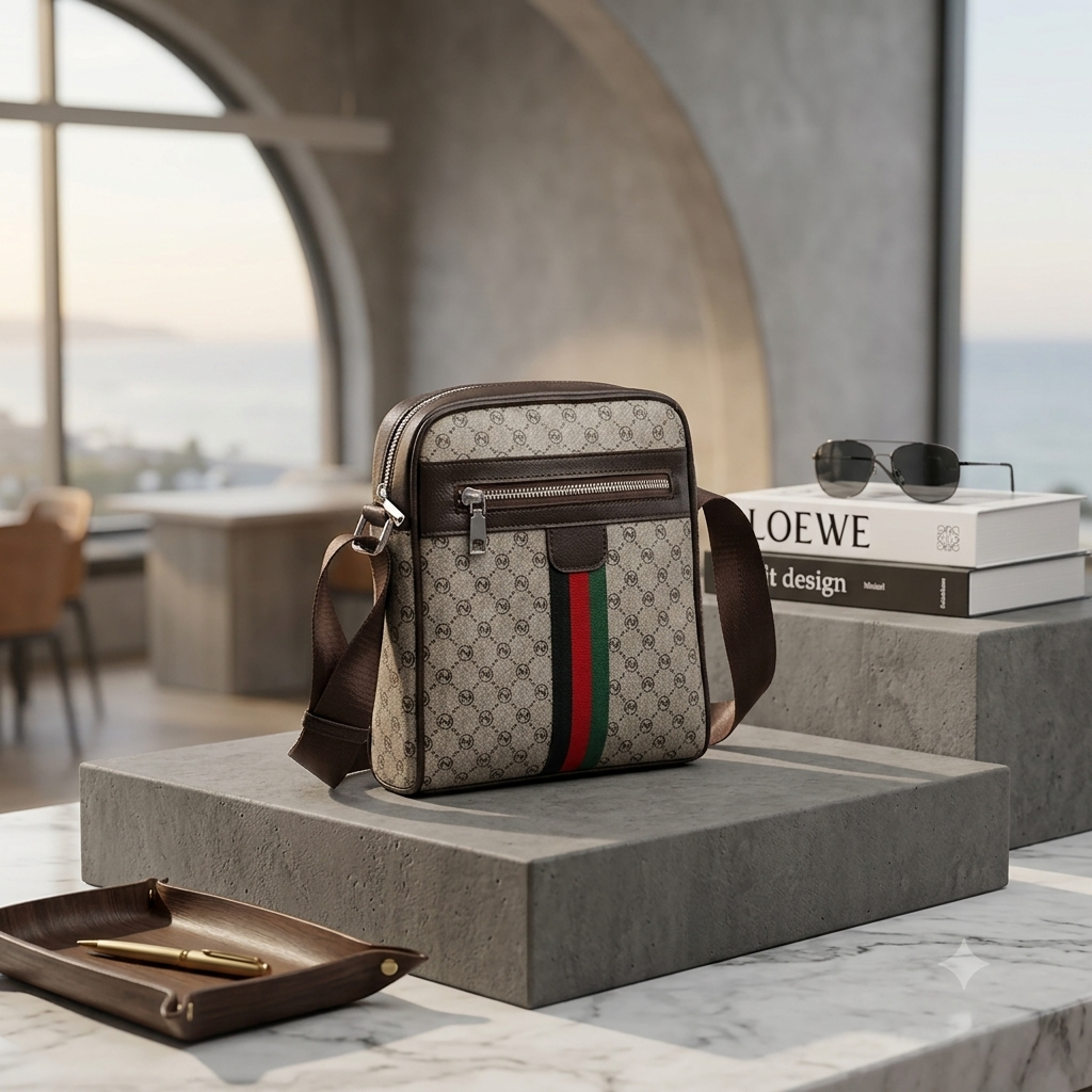 Men's Vintage Monogram Crossbody Bag – Striped Leather Messenger Bag & Casual Shoulder Bag for Travel and Daily Commute