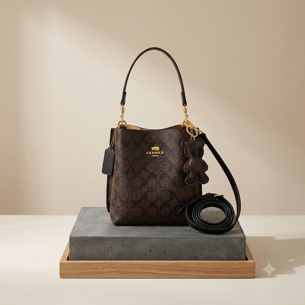 CLENLE Women's Vintage Monogram Bucket Bag – Signature Canvas Shoulder Tote & Crossbody Handbag with Bear Charm