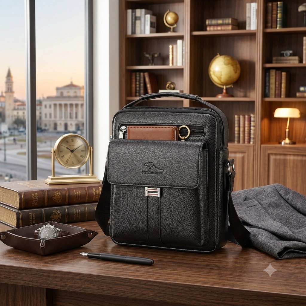 Men's Leather Crossbody Shoulder Bag – Classic Top-Handle Messenger Bag for Daily Business & Travel