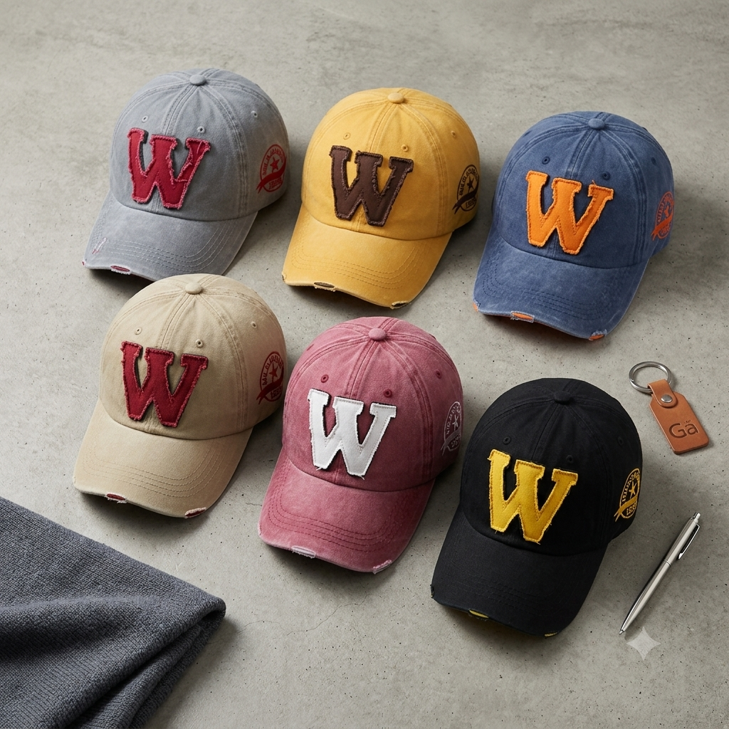 Vintage Washed Cotton Distressed Baseball Cap – Letter W Applique Dad Hat