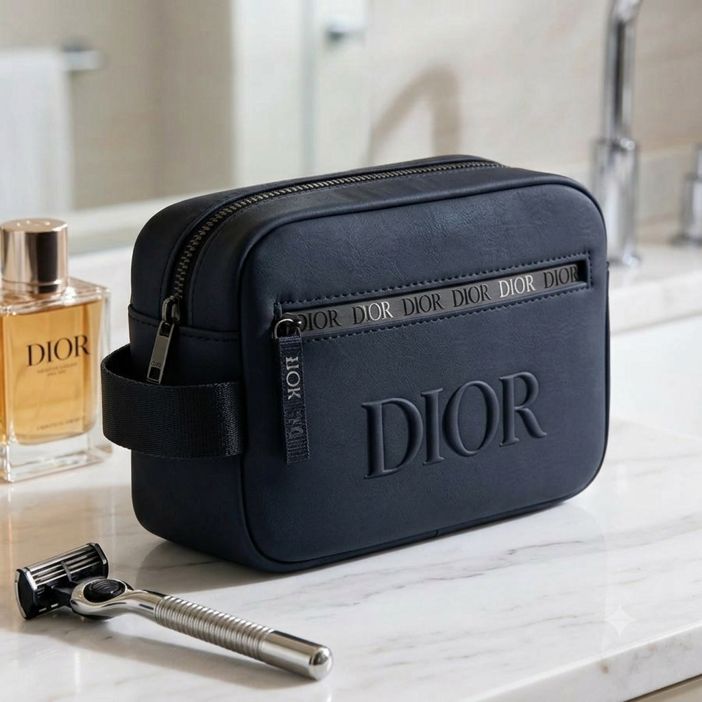 Dior Men's Matte Navy Toiletry Bag – Embossed Logo Travel Dopp Kit & Wash Bag