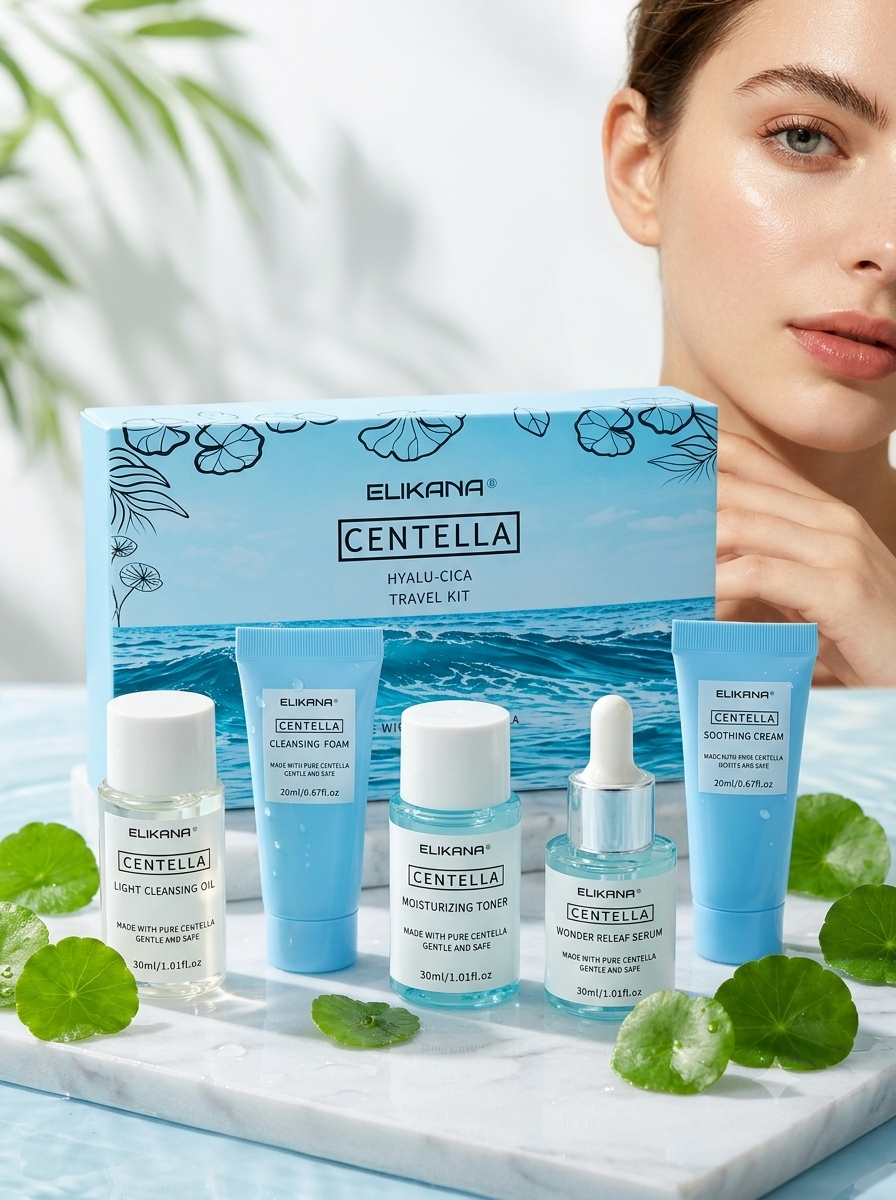 ELIKANA Centella Hyalu-Cica Travel Kit – 5-Piece Soothing & Deep Hydration Skincare Set