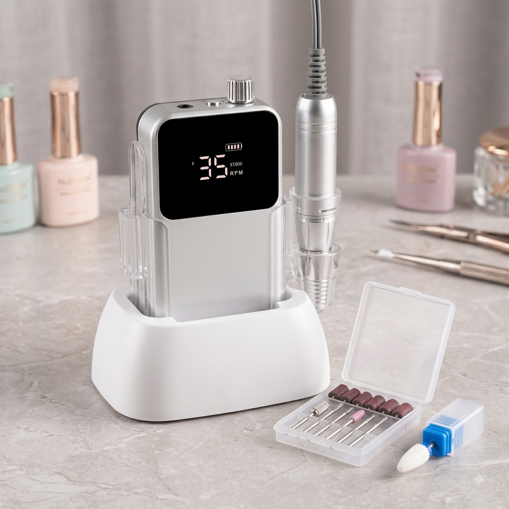 Portable Professional 35,000 RPM Rechargeable Electric Nail Drill Set with LCD Screen & Desktop Charging Base