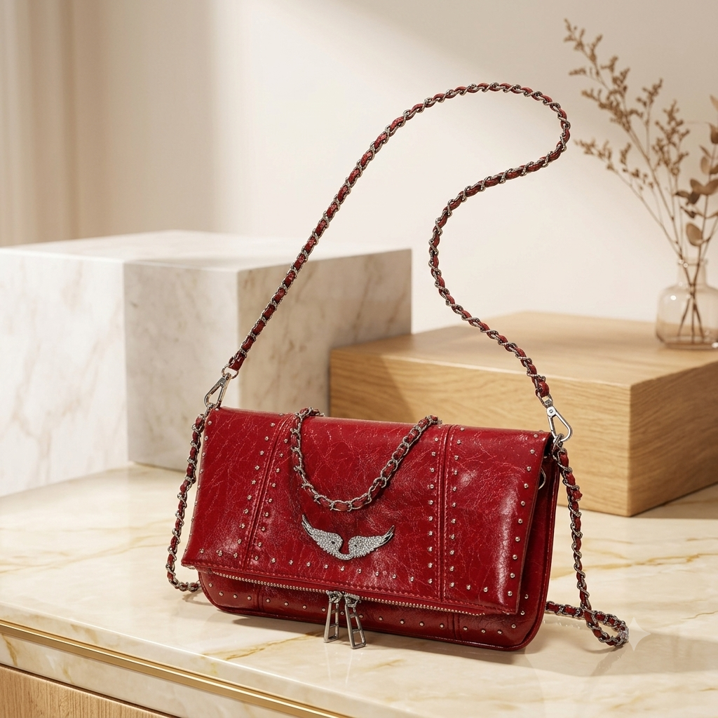 Grunge Angel Wing Foldover Crossbody Bag – Studded Faux Leather Shoulder Clutch