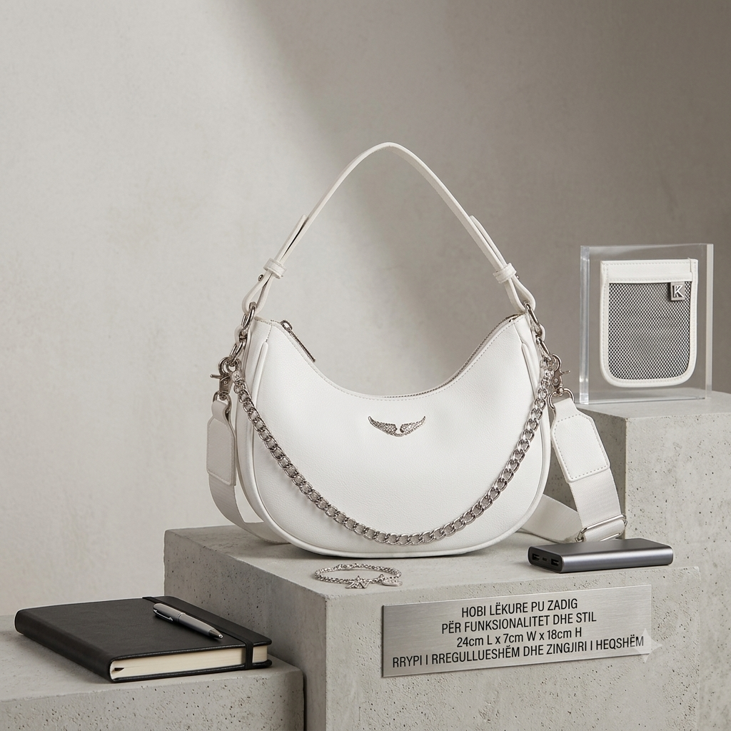 Women's Crescent Moon Shoulder Bag – Faux Leather Hobo Handbag with Silver Chain & Wide Guitar Crossbody Strap