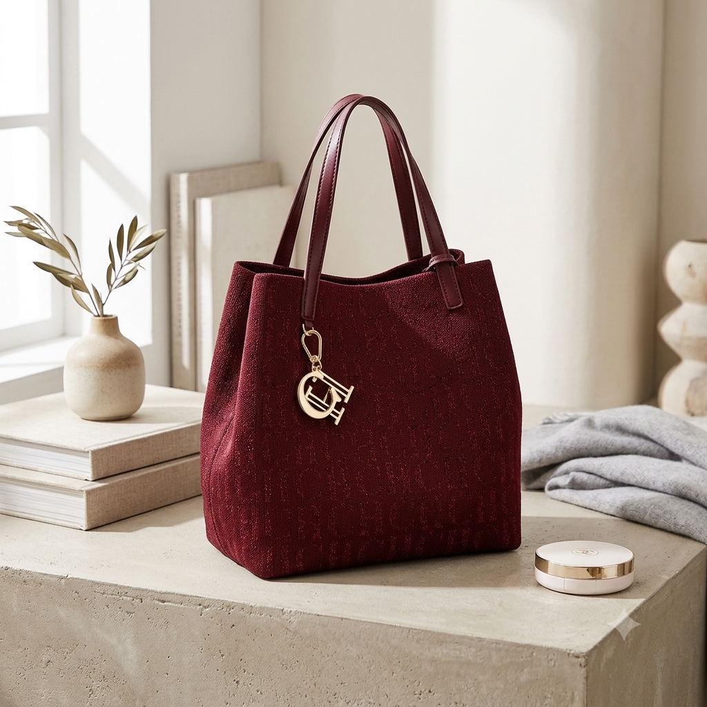 Elegant Women's Monogram Jacquard Tote Bag - Top Handle Shoulder Bag with Gold Initial Charm
