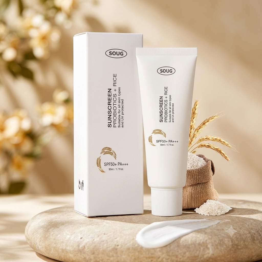 SOUG Rice + Probiotics Relief Sunscreen SPF50+ PA+++ (50ml) – Hydrating Organic Sun Cream for Face & Body, Zero White Cast