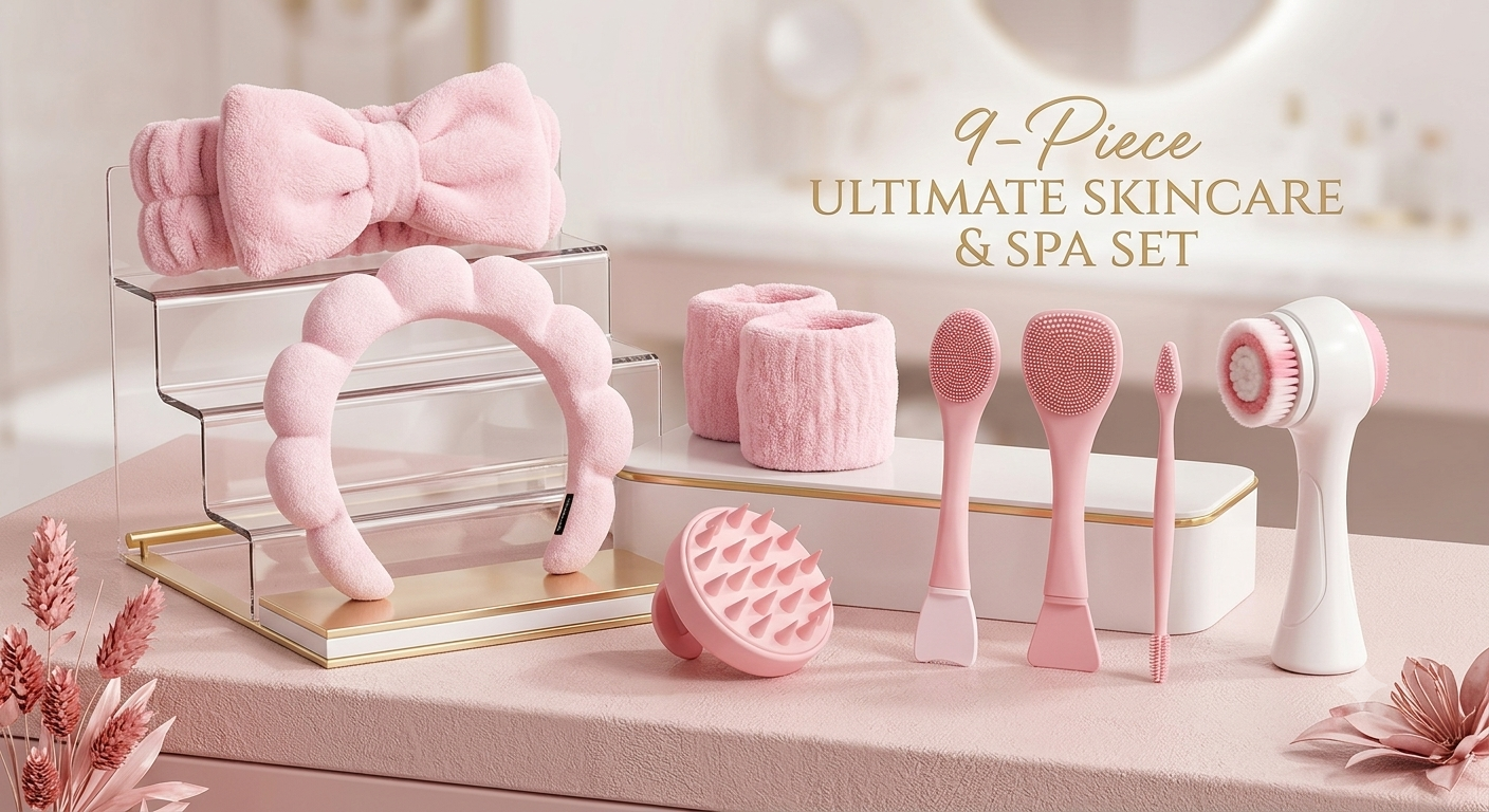 9-Piece Ultimate Skincare & Spa Set – Silicone Facial Cleansing Brushes, Spa Headbands & Wrist Washbands Kit
