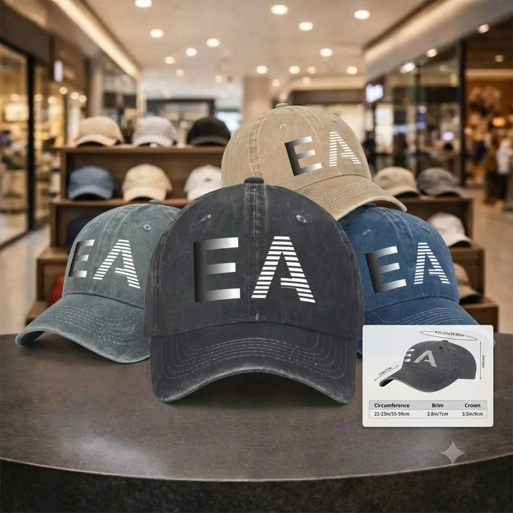 Vintage Washed Cotton EA Graphic Baseball Cap – Distressed Retro Dad Hat with Curved Brim