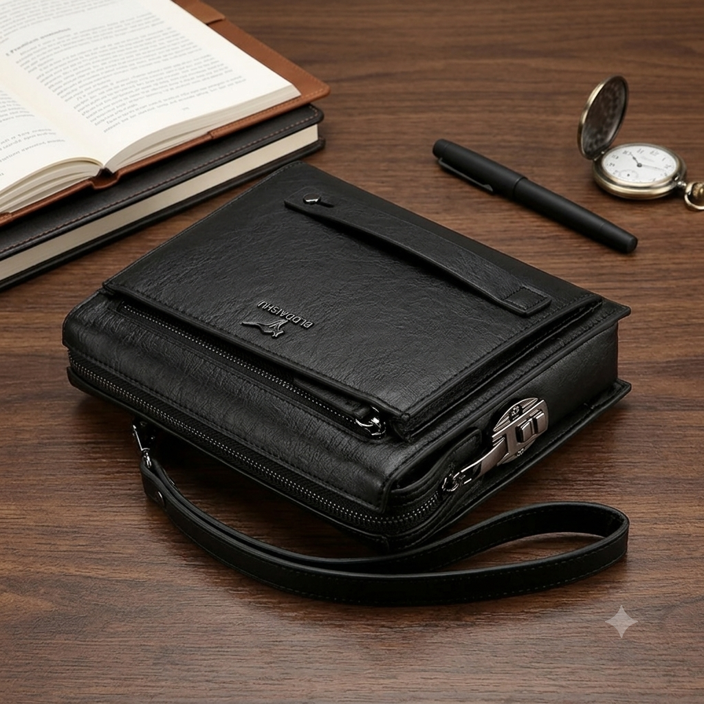 Leather Clutch Bag with Combination Lock – Multi-Compartment Business Handbag & Wristlet