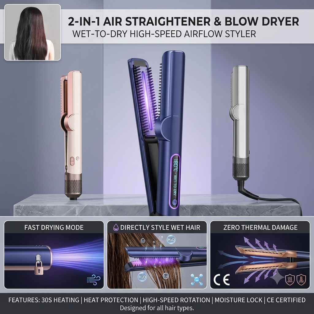 2-in-1 Air Straightener & Blow Dryer – Wet-to-Dry High-Speed Airflow Styler with Heat Protection