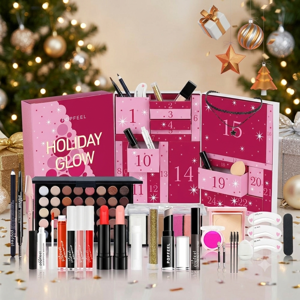 POPFEEL Holiday Glow Advent Calendar – 24-Day Surprise Beauty & Makeup Gift Set