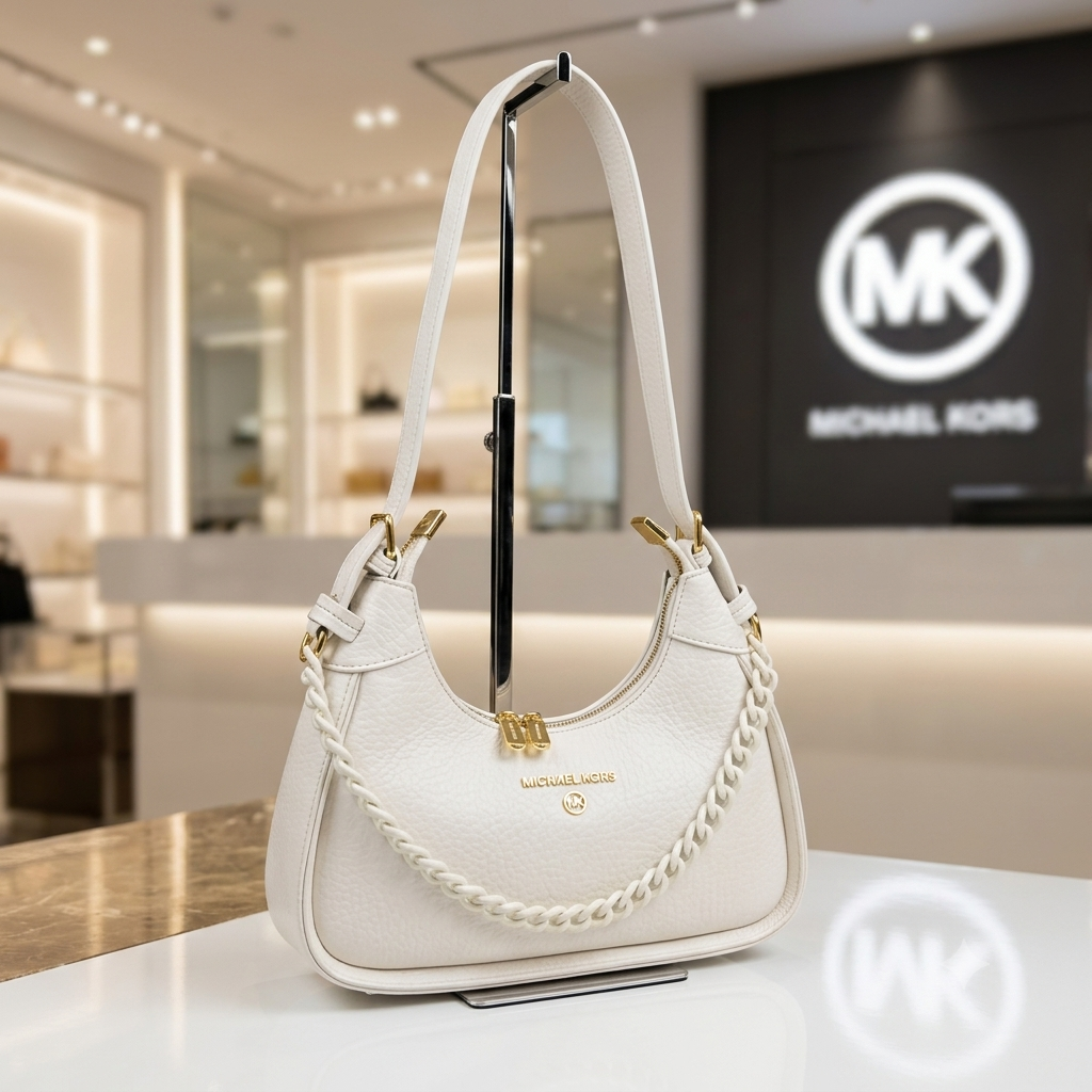 Michael Kors Pebbled Leather Small Shoulder Bag – Chain Detail Crescent Hobo Handbag