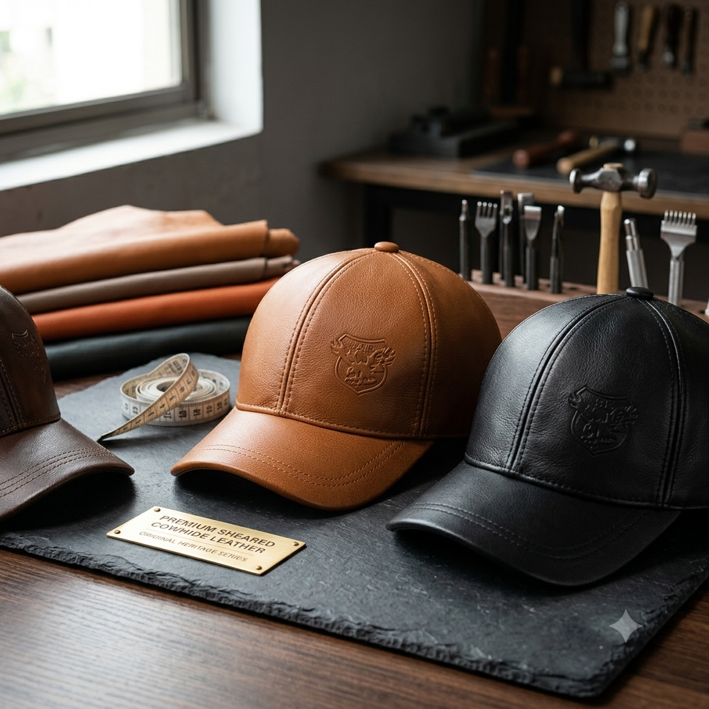Men’s Genuine Cowhide Leather Baseball Cap – Vintage Embossed Crest