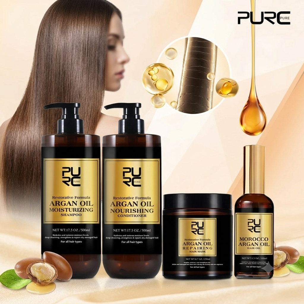 PURC Morocco Argan Oil Hair Care Set - Restorative Shampoo, Conditioner, Mask & Serum