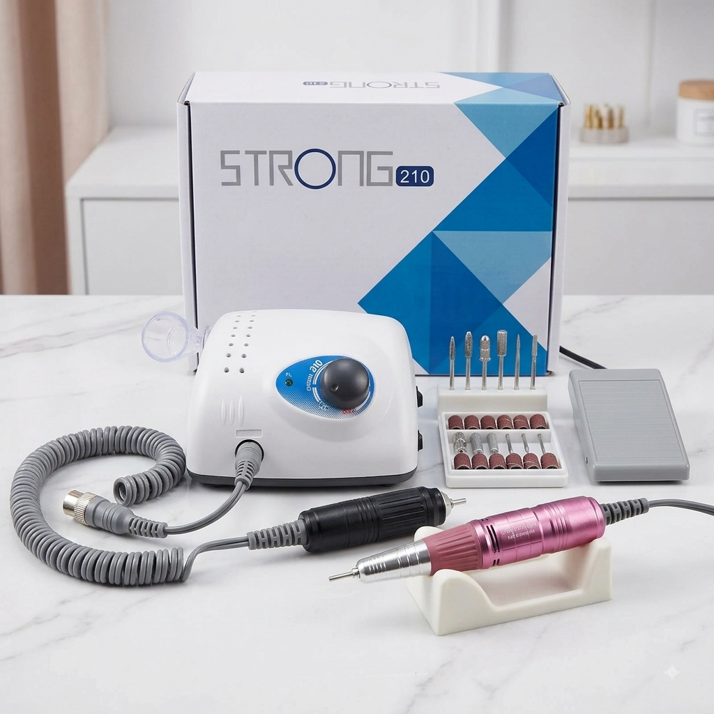 Professional STRONG 210 Electric Nail Drill Set – 45000 RPM Micro Motor E-File Machine with Foot Pedal