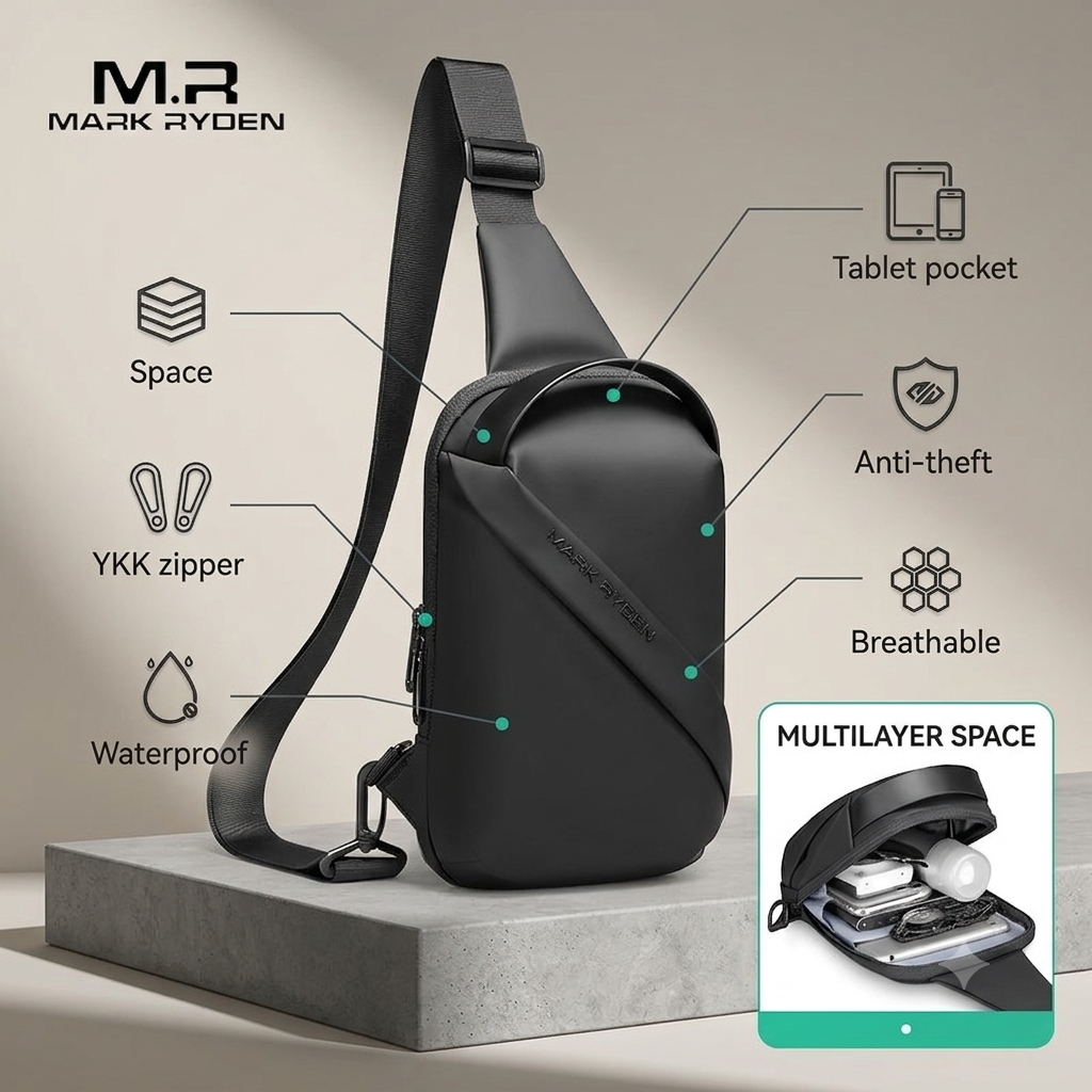 Mark Ryden Waterproof Crossbody Sling Bag – Anti-Theft Chest Pack with 7.9" iPad Compartment & YKK Zippers
