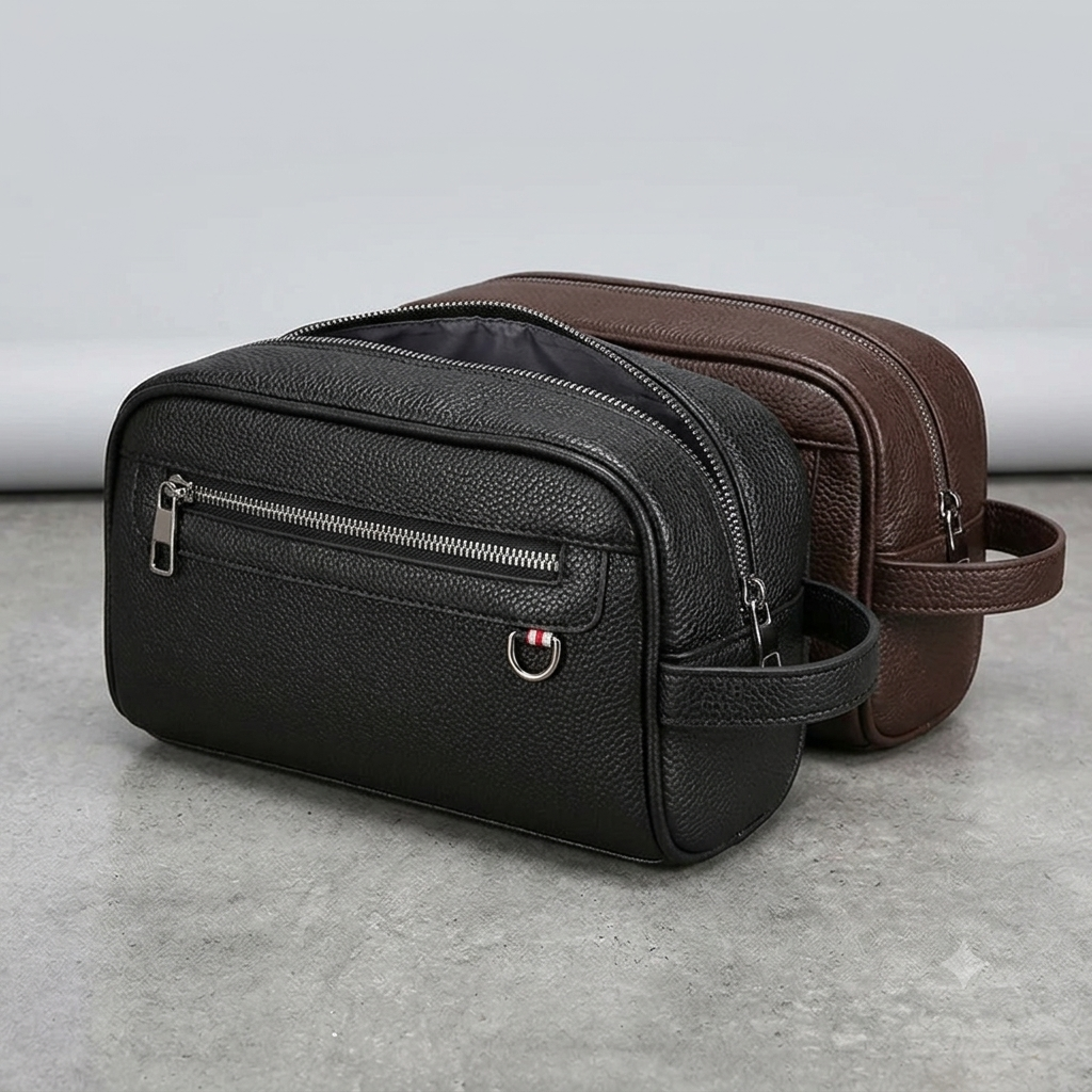 Men’s Pebbled Leather Toiletry Wash Bag – Compact Dopp Kit & Travel Shaving Clutch Organizer