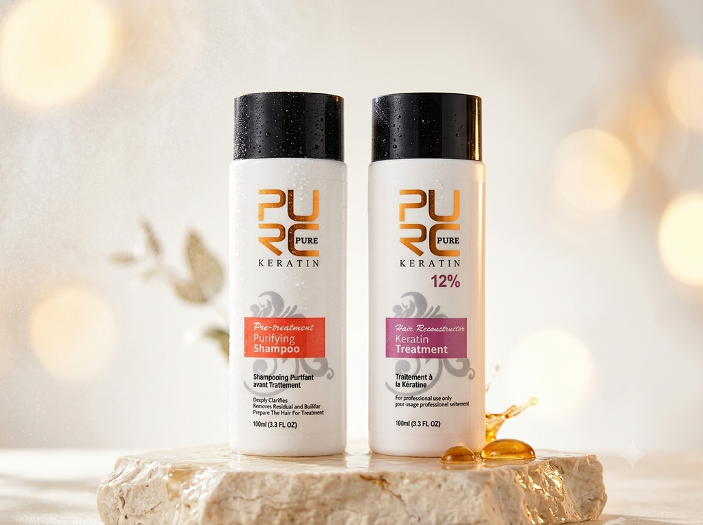 PURC Travel Keratin Treatment & Purifying Shampoo Set (2x 100ml) – Brazilian Straightening & Repair Kit (0%, 8%, 12%)