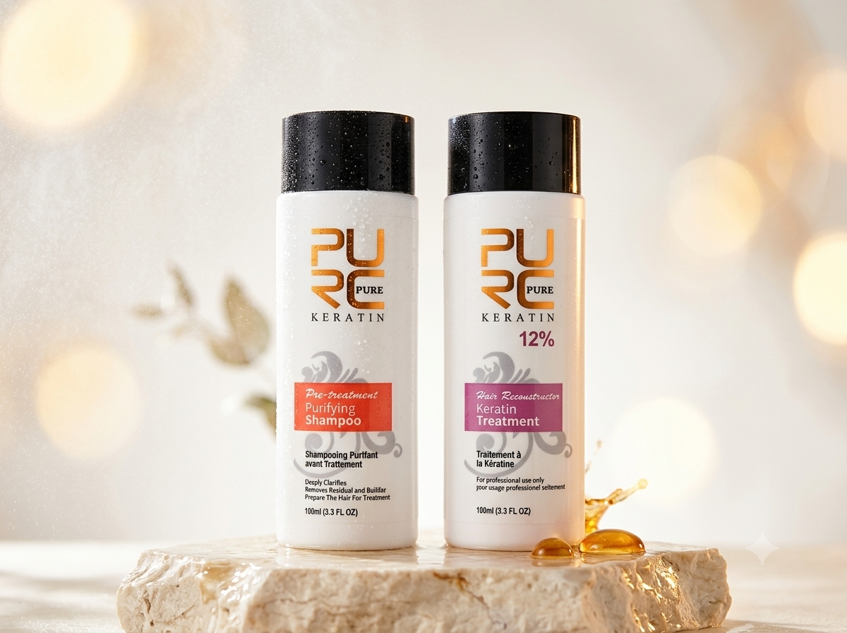 PURC Travel Keratin Treatment & Purifying Shampoo Set (2x 100ml) – Brazilian Straightening & Repair Kit (0%, 8%, 12%)
