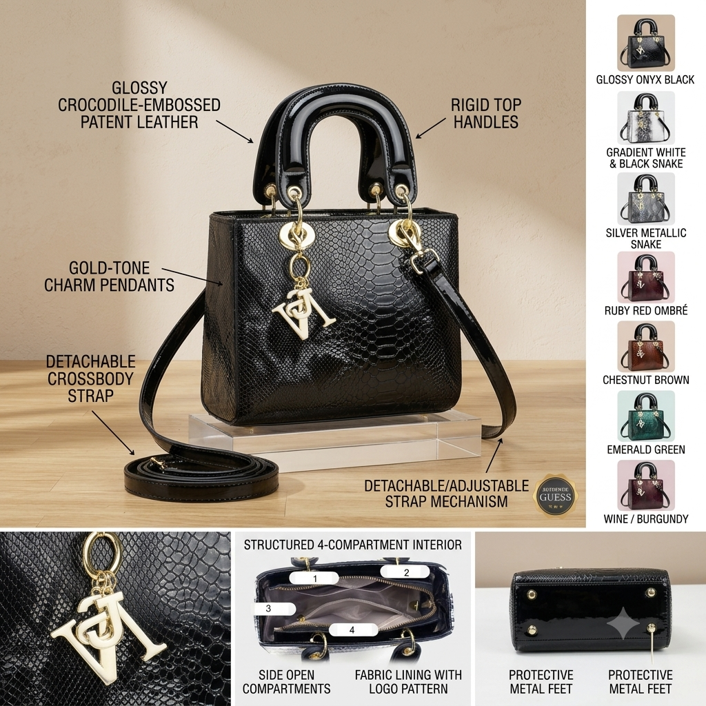 Glossy Embossed Crocodile Mini Tote Bag with Gold Charm & Crossbody Strap